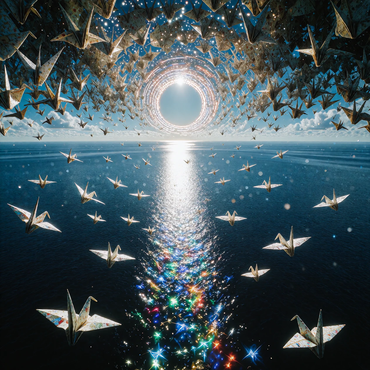 where paper cranes go to die; Origami Paper Cranes fly across a never ending blue ocean towards the setting sun, the light on the water causes a spect