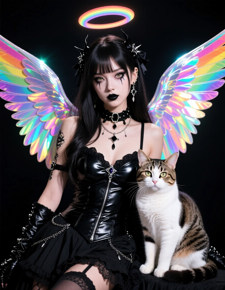 Iridescent rainbow angel, goth, with a cat