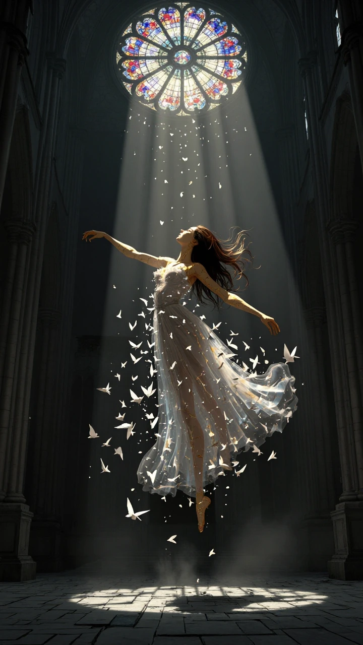 A breathtaking full-body portrait of a luminous woman suspended mid-air inside a vast ruined cathedral, her skin made of cracked porcelain veined with molten gold (kintsugi), long dark hair flowing upward as if caught in zero gravity, wearing a sheer