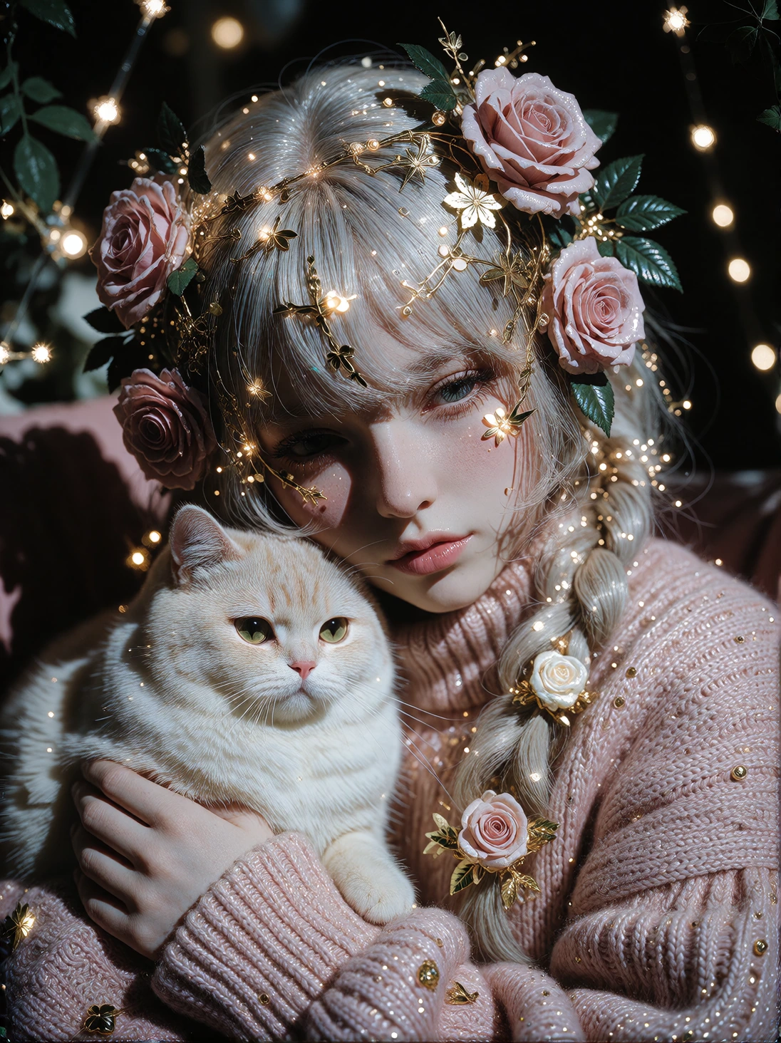 Beautiful pastel woman, manga style, with a cat, fantasy elegance dusty Rose silver hair, rose tips, comfortcore, nighttime room, fairy lights