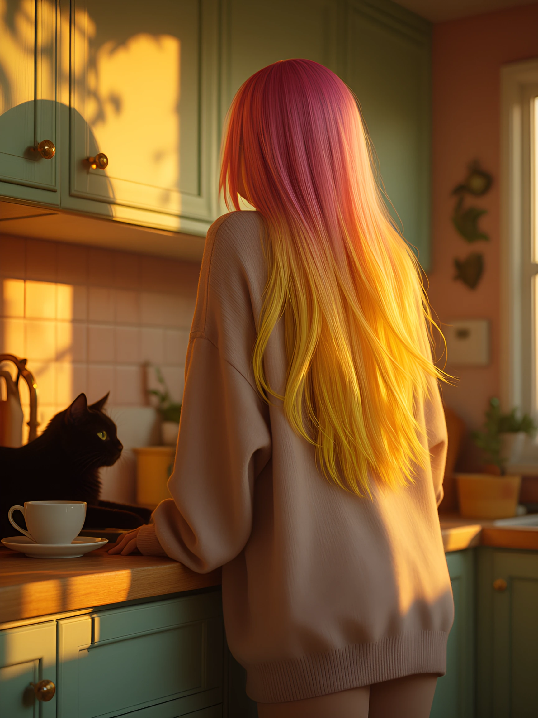 a woman with dusty rose hair fading to golden yellow ombre tips, standing in a kitchen with dusty rose, pink, and soft aqua exterior details. she's wearing an oversized dusty rose and pink sweater. A black cat and cup of coffee are nearby. cinematic 