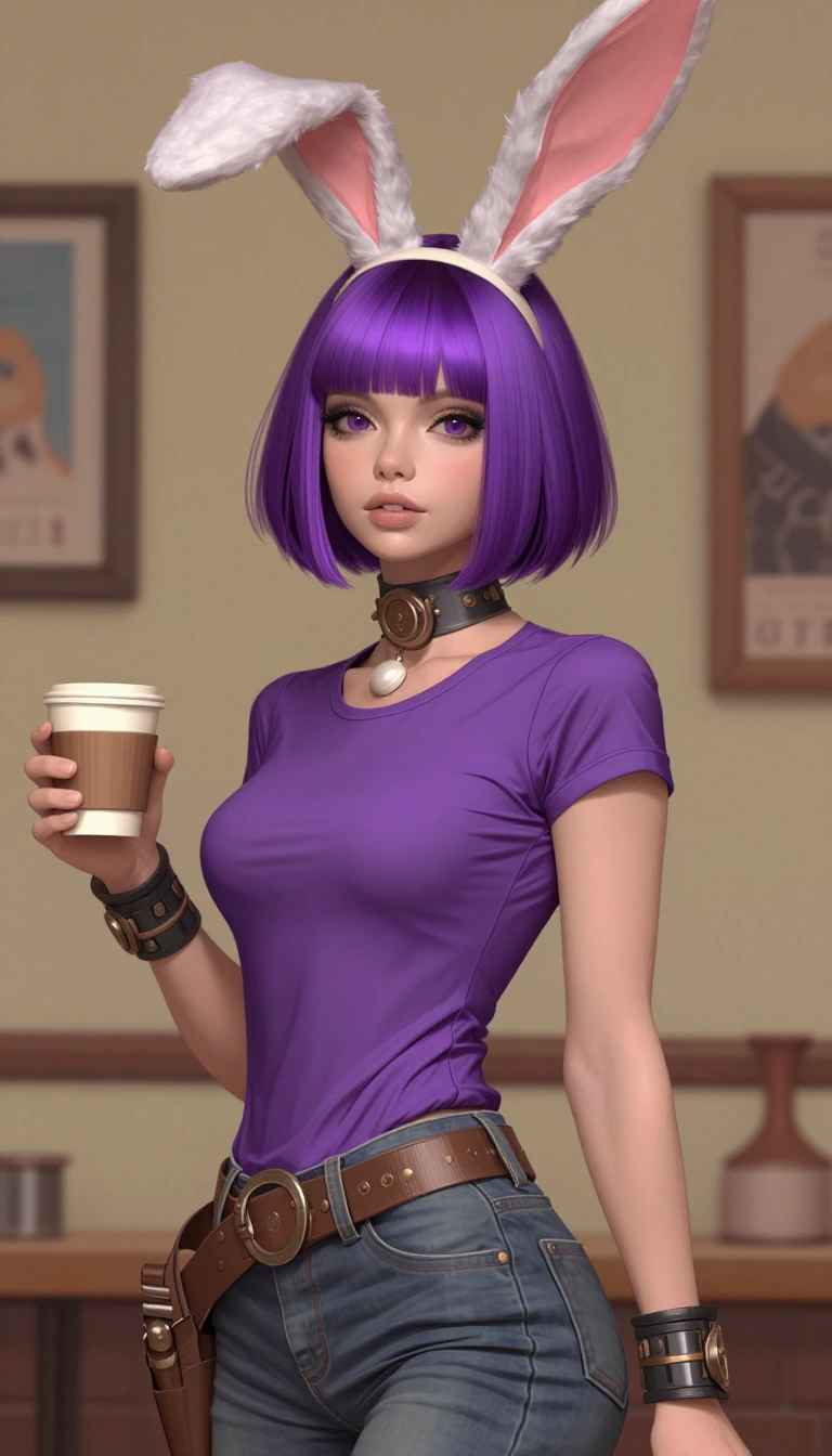 beautiful and elegant steampunk woman bright purple bob cut hair, bunny ears, purple Tshirt and jeans, coffee, artsy background, airbrushed realistic anime style, Sci-fi steampunk.