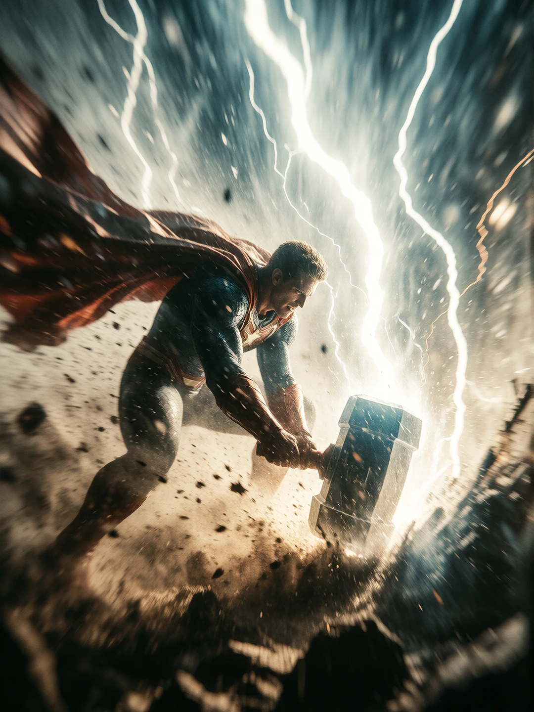 Extreme wide shot, superhero mid-swing with massive electric hammer striking earth, anamorphic lens flare blooming across frame, shot on Kodak Vision3 500T, motivated lightning practicals casting hard shadows, volumetric dust particles suspended in l