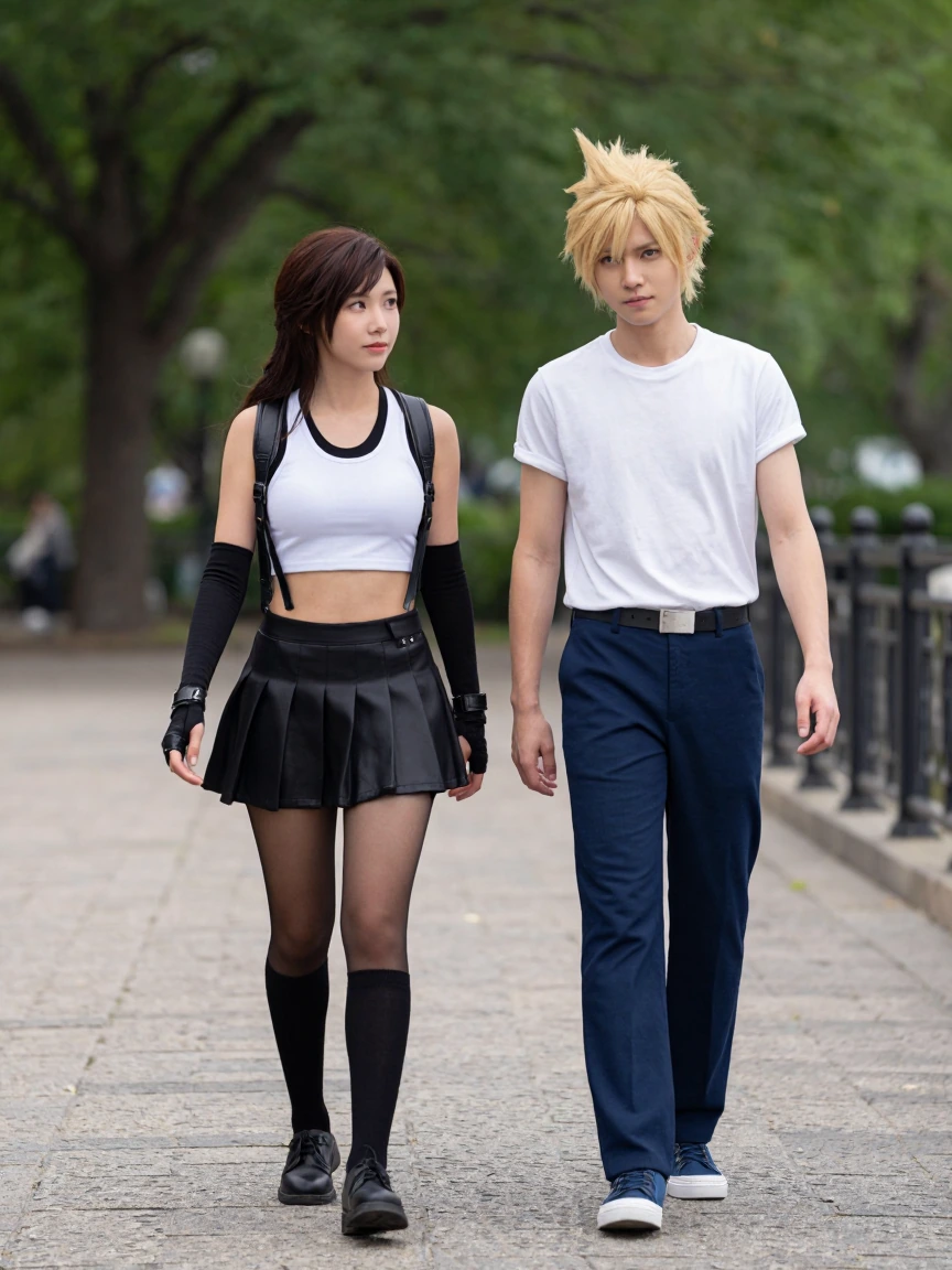 Tifa and Cloud cosplayers walking in a park