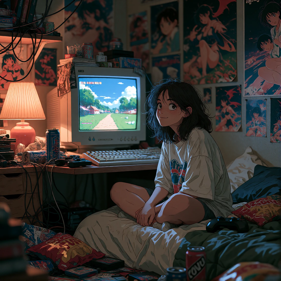 90s anime style illustration, hand-drawn cel animation aesthetic with intentional film grain and VHS degradation effects. Wide shot of a cluttered bedroom at night. A cute e-gamer girl sits cross-legged on her bed in front of a bulky CRT monitor disp