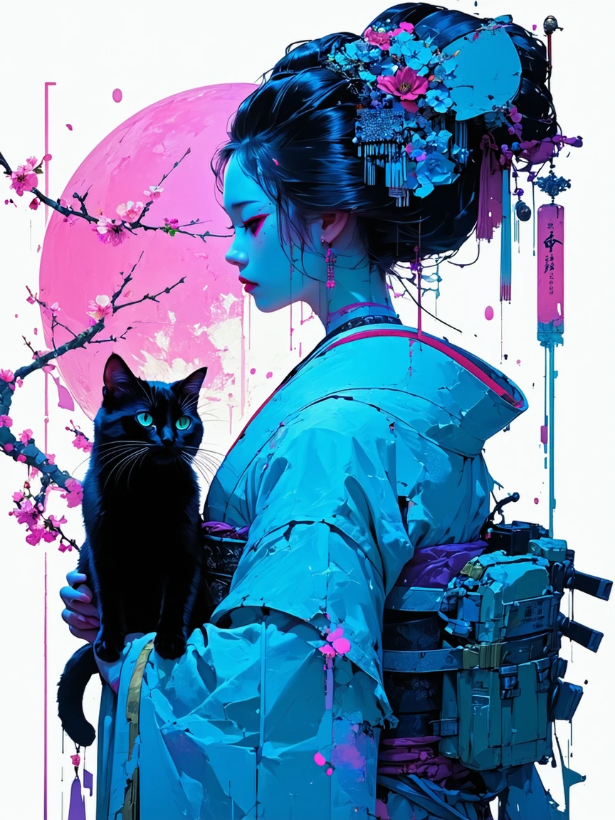 futuristic cyberpunk geisha warrior, with a cat, cherry blossoms