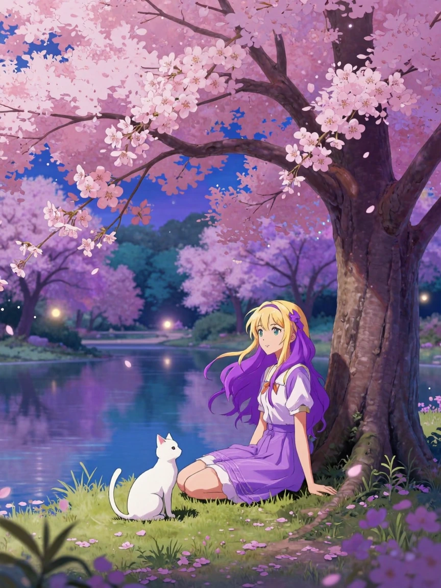 a blonde girl with purple hair sits under a cherry blossom tree by a lake, a white cat beside her. this is a fantasy-style anime cartoon, with a colorful and beautiful night scene. flowers are everywhere, with pink and violet blossoms in every color 