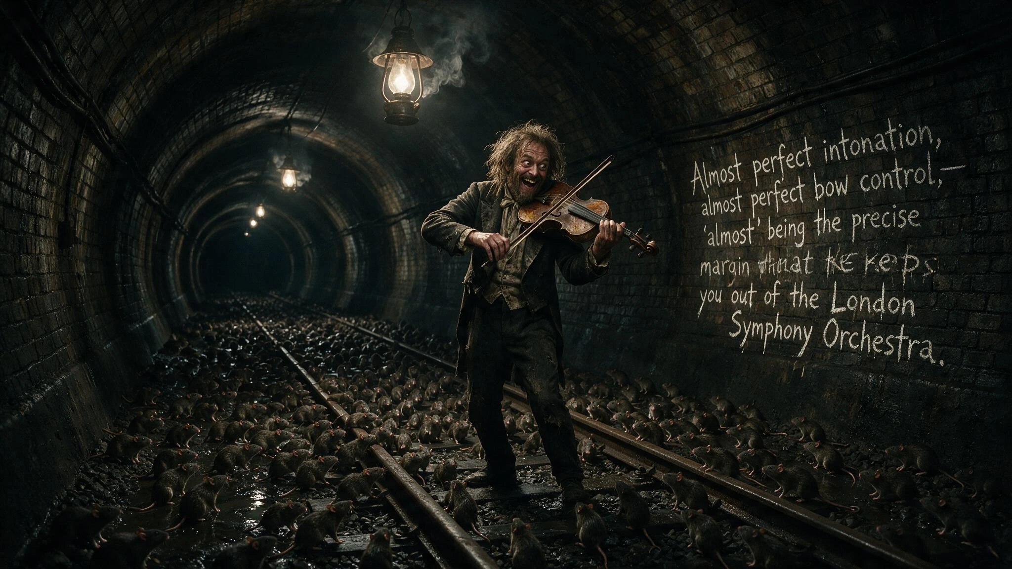 a violinist playing to an empty subway tunnel - well empty except for his massive audience of rats that swarm the disused subway tracks by the thousand... The Violinist has the look of a man who's mind has taken a walk off the map, wild eyed, scraggl