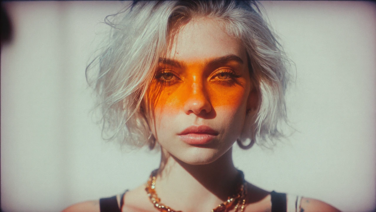 a beautiful woman with white hair and golden necklaces, in the style of surreal digital art and photography, there is an orange sun in the middle of h