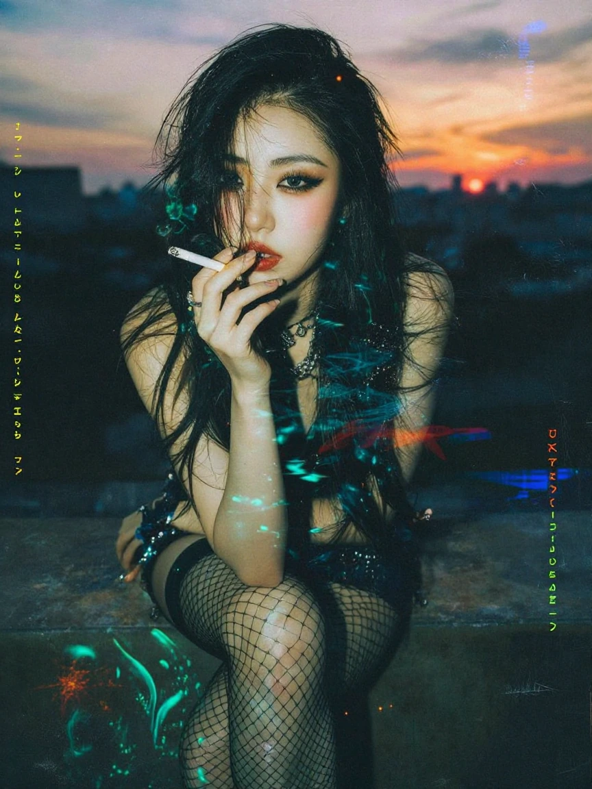 A high-angle shot captures a young woman with long, dark hair and dramatic eye makeup, looking directly at the camera while holding a cigarette to her lips. dark and moody portrait , She is wearing black lingerie, fishnet stockings, and subtle jewelr