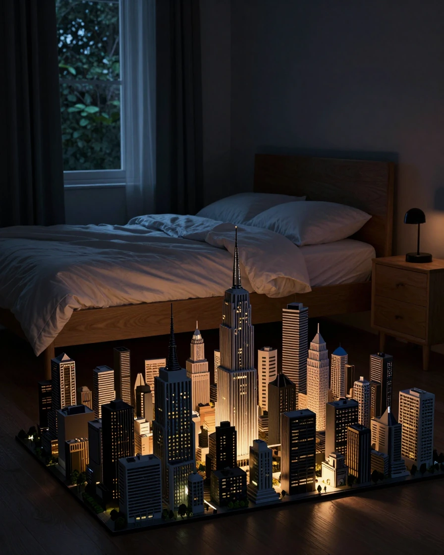In my room beneath my bed, there's a city. Much like the one from the movie "Little Monsters." Or like the diorama from the movie "Beetlejuice." Use dynamic contrast and sharp color transitions. Add subtle hues of light, like street lights from anoth