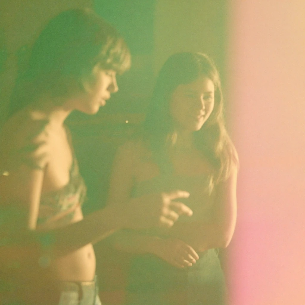 vintage retro photograph with warm green and pink color grading, heavy film grain and chromatic aberration, candid moment frozen in time, warm golden tungsten lighting with soft amber shadows, 1970s aesthetic, faded but warm tones with color shifts,