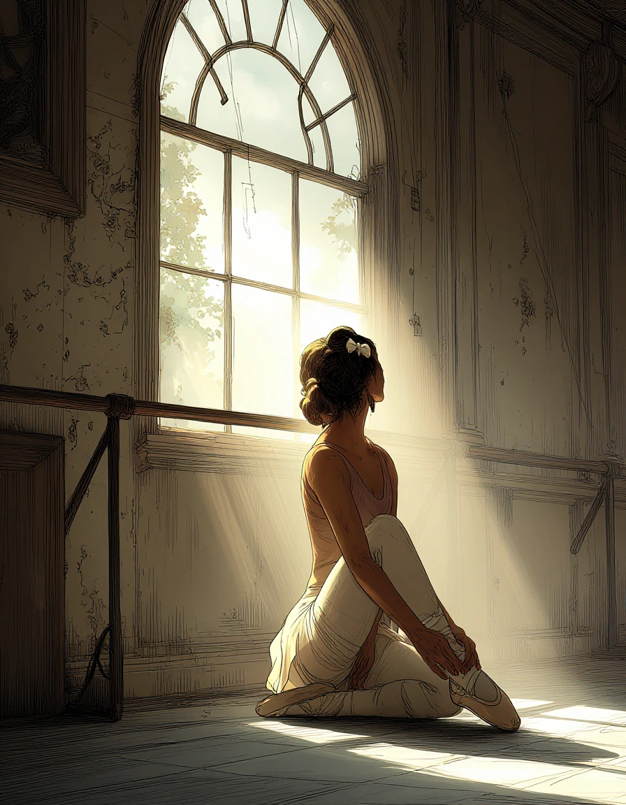 Masterpiece, best quality, ultra-detailed portrait, vintage storybook illustration aesthetic, young woman in graceful repose seated on worn wooden floor of classical dance studio, bent forward unbinding white ballet slippers, positioned beside polish