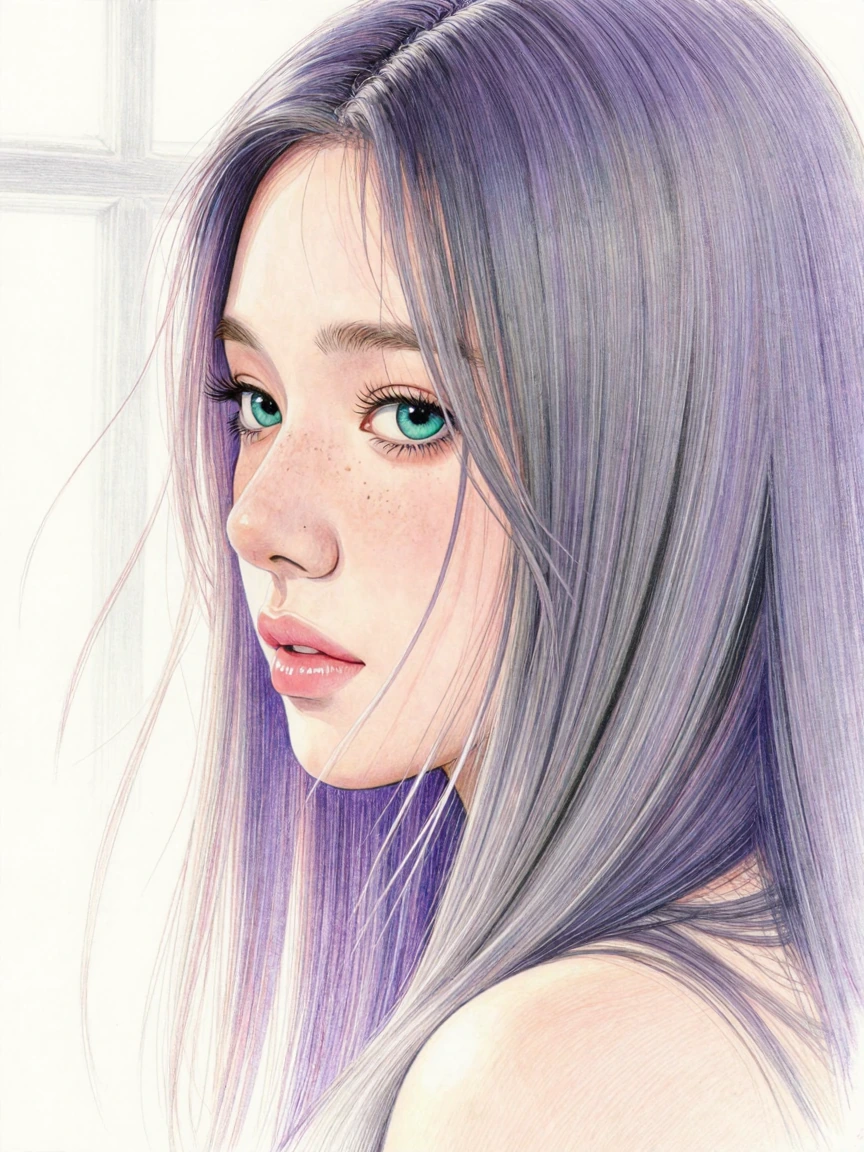 Ultra-detailed colored pencil portrait of a beautiful young woman with long silver hair and soft purple highlights, gentle side profile, one sparkling teal eye as focal point, delicate freckles, glossy lips, flowing hair strands across face, soft nat