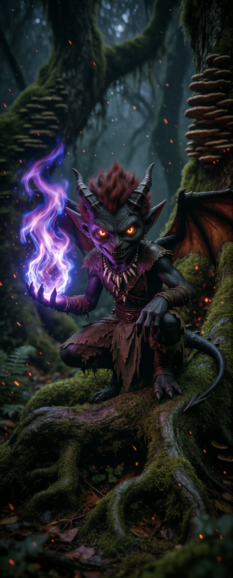 ​A highly detailed and cinematic photograph of a mischievous, charcoal-skinned imp or dark sprite crouching on a gnarled, mossy tree root in a dense, ancient, dark forest. The imp has spiky, dark red hair, small black horns, large pointed ears, and g
