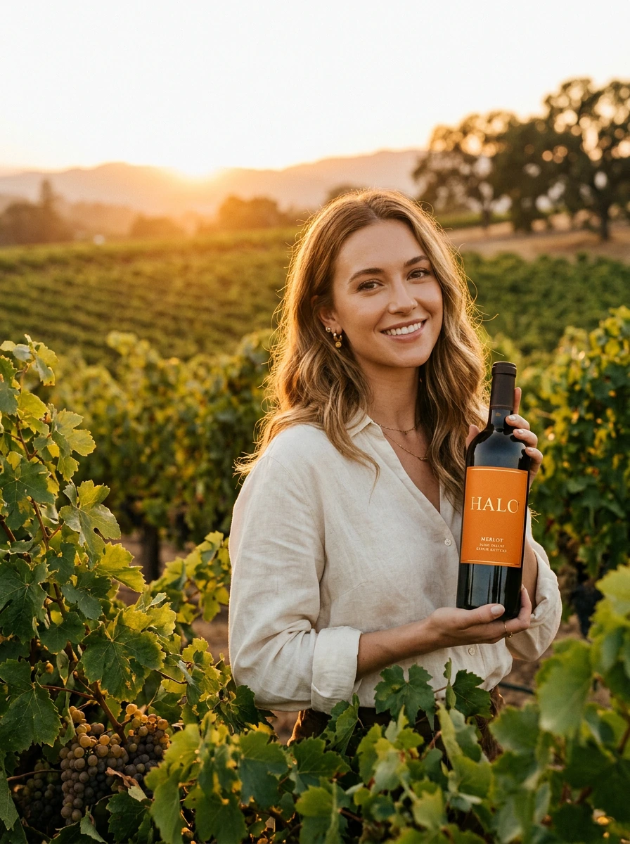 Capture a stunning winery advertisement featuring a confident young woman in her mid-twenties holding a sleek wine bottle labeled "HALO" in elegant serif typography against a vibrant orange label. She stands in golden hour light streaming through a s