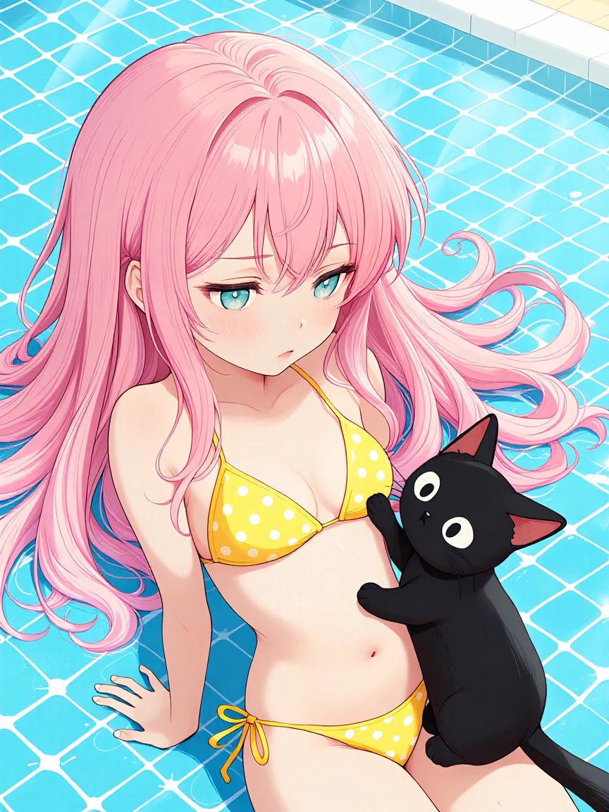 Girl, pink hair at a pool with her cat, yellow polkadot bikini