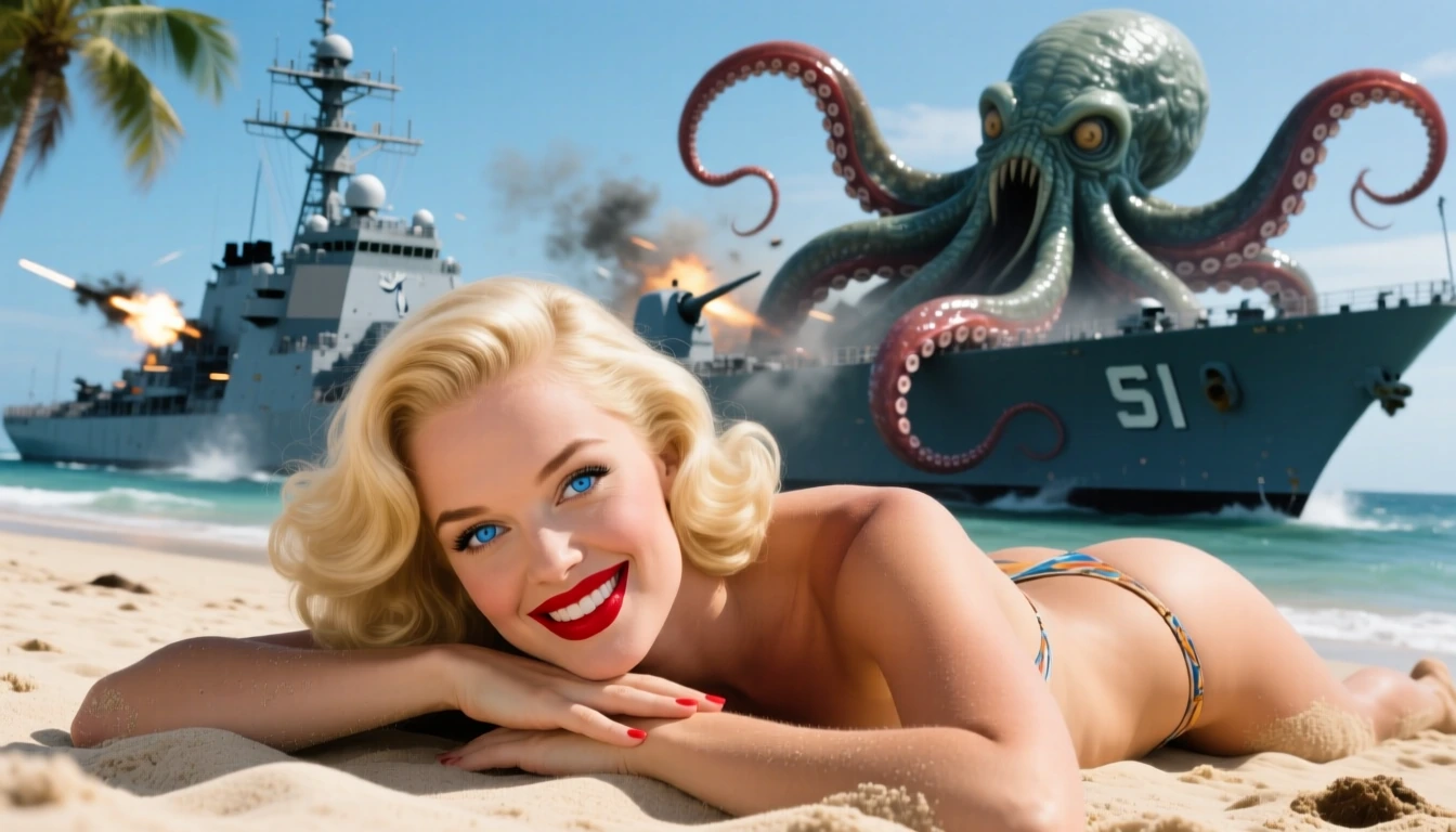 A blonde bombshell with ice blue eyes, crimson lips, her head pillowed upon her hands making direct eye contact with the low angle camera to display her coyishly smirking face, tanning topless on a sandy tropical beach. While in stark contrast in the