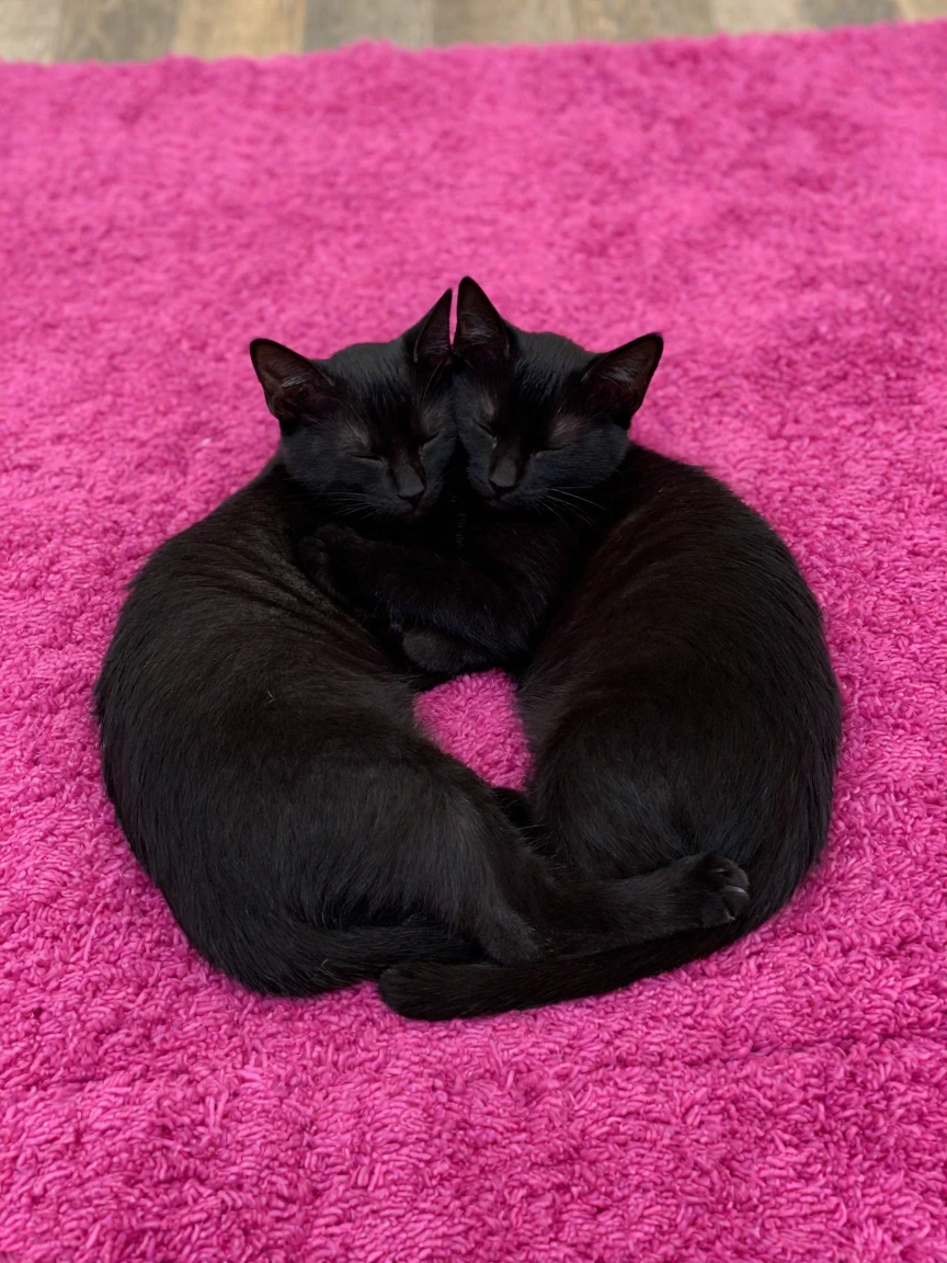 Two cute black kittens napping together on a pink long shag rug. Amateur photograph