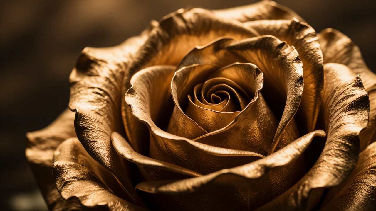 A very close up gold metal rose, Dramatic scene and background, dramatic lighting,