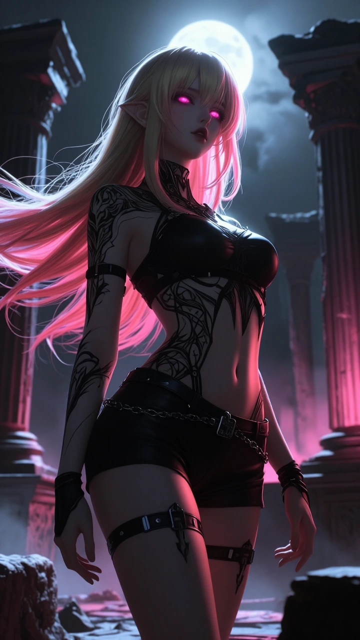 Masterpiece, best quality, ultra-detailed digital illustration, cinematic lighting, highly polished rendering, sharp clean lines, beautiful stylized proportions. Trouble Chaos standing confidently in ancient ruins at night. Long blonde hair with brig