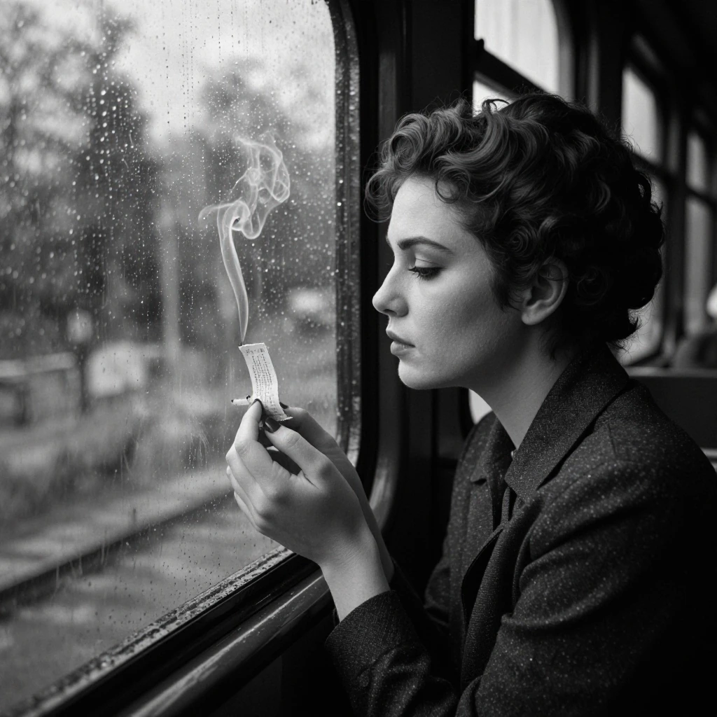 woman in 1940s noir aesthetic gazing out a rain-streaked train window, profile composition, classic…
