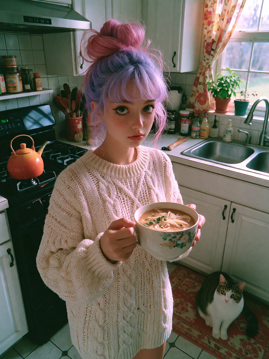 Beautiful woman, lavender and pink messy bun hair, morning in the kitchen with her cat. comfortcore photo manga mix