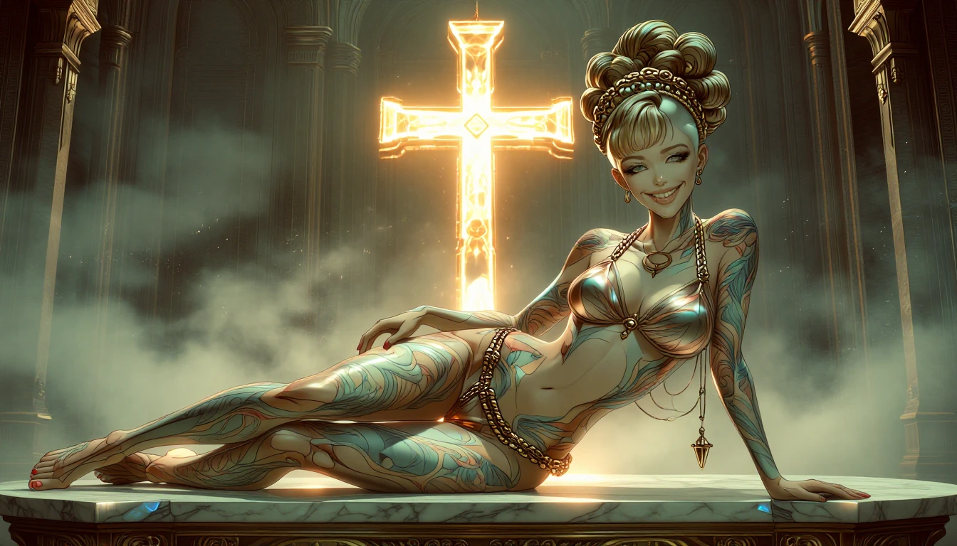 A barefoot blonde glamour model with striking blue eyes and a shaved undercut crowned by an intricately braided bun smiles warmly as she reclines sensually on a polished marble altar, her marble-hued micro bikini contrasting against luminous full-bod