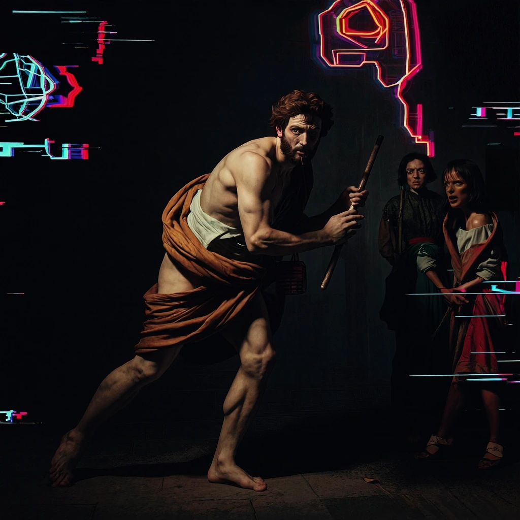 caravaggio-style chiaroscuro, baroque drama, classical mythology reimagined