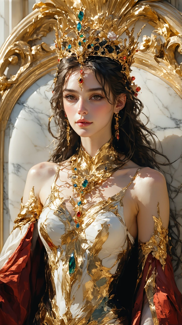 A stunningly beautiful young woman dressed in silks adorned with gold that accentuates her sleek lithe and highly defined muscular and curvaceous form