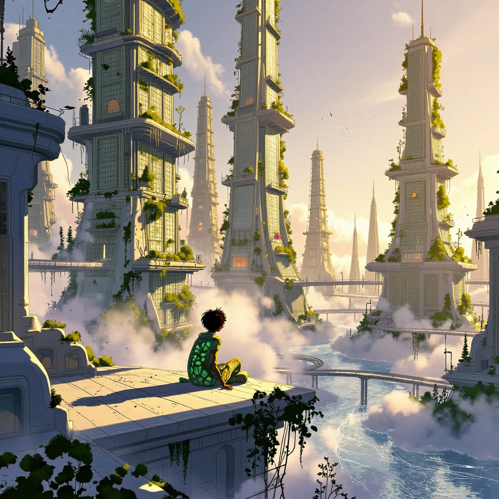 A futuristic eco-city covered in massive vertical gardens,where skyscrapers intertwine with lush greenery. A boy wearing a futuristic outfit adorned w