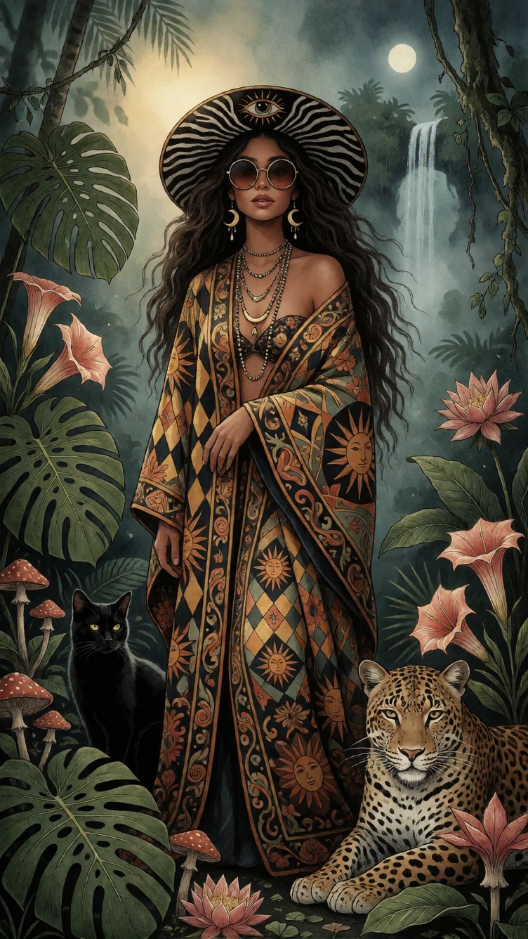 A highly detailed, hand-drawn fantasy illustration of a tall, sultry bohemian woman standing centered in a lush tropical jungle, full-body vertical composition, slight low-angle 3/4 view. She wears oversized round sunglasses, a wide-brim hat with zeb