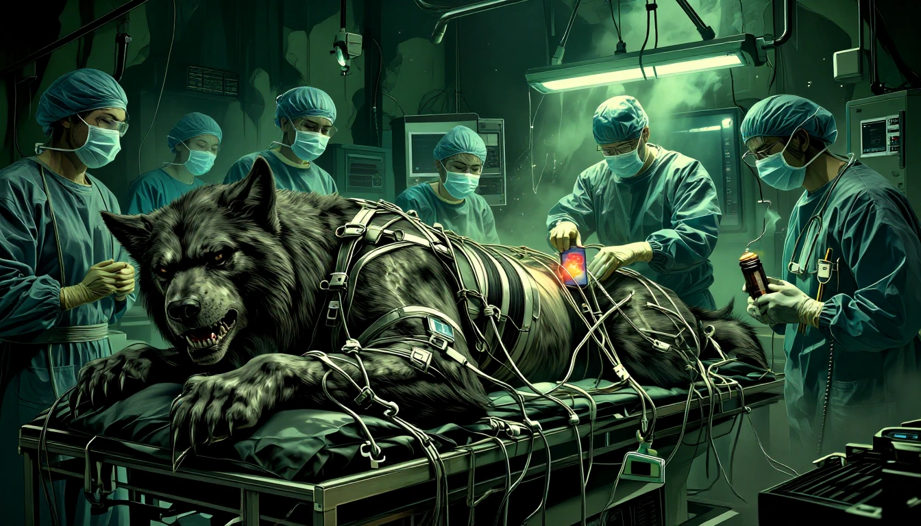 "How to build a Werewolf" An injured but Gigantic Werewolf is strapped to a medical exam table surrounded by masked surgeons and scientists, life supp