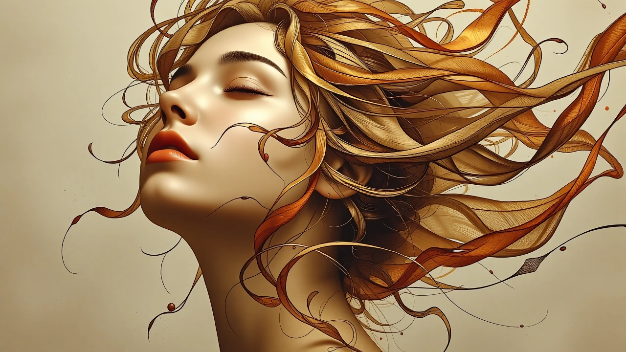 Vertical portrait of Sappho, head tilted back with eyes closed, rendered as a hybrid of photorealistic skin and ink-wash drawing—her face luminous and soft (porcelain skin, glossy burnt-orange lips), her hair dissolving into gestural pen strokes and