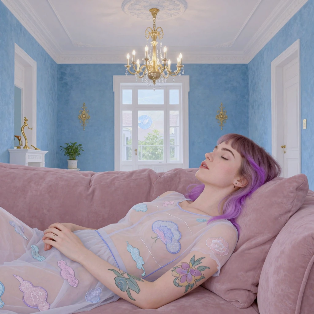 upper body closeup, A minimalist dream-apartment with powder blue velvet walls, a woman with orchid-dyed hair and pastel tattoos reclines on a soft mauve couch, wearing a sheer top with embroidered clouds., detailed background, intricate, Digital Gli