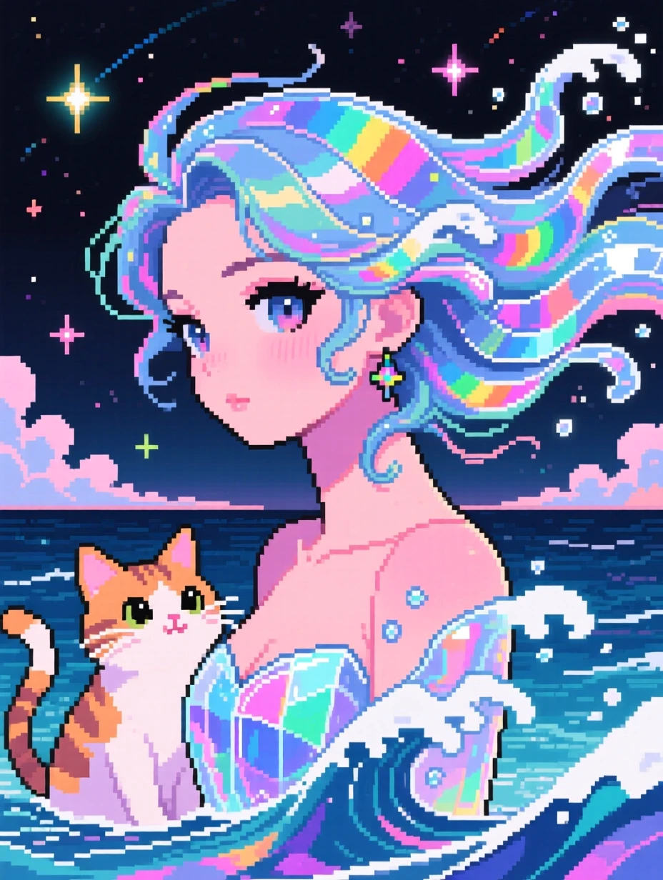 Beautiful woman with hair made out of ocean waves, with a cat