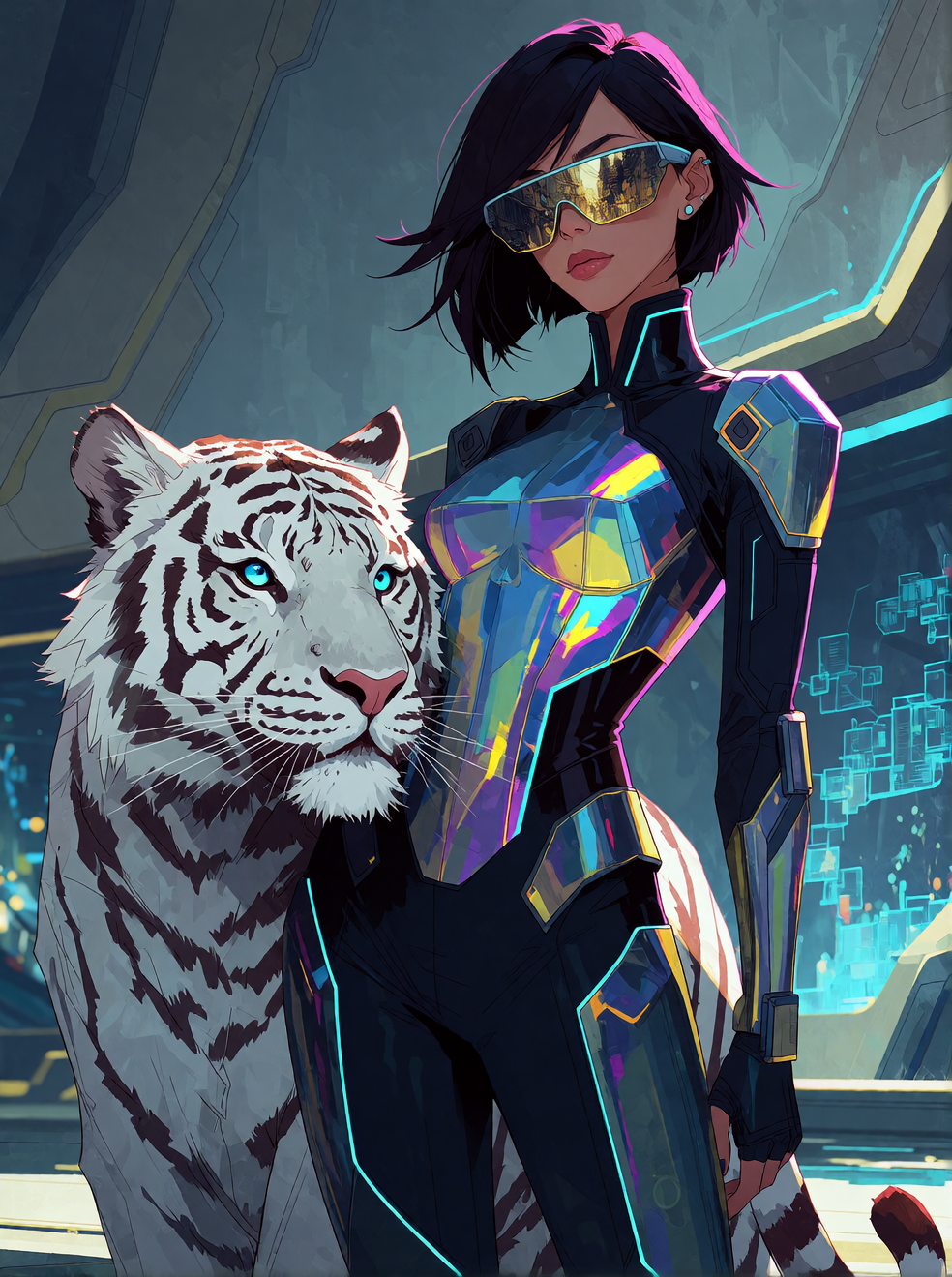 Create a digital illustration of a striking woman in sleek futuristic attire—a form-fitting suit of iridescent chrome and matte obsidian panels that c