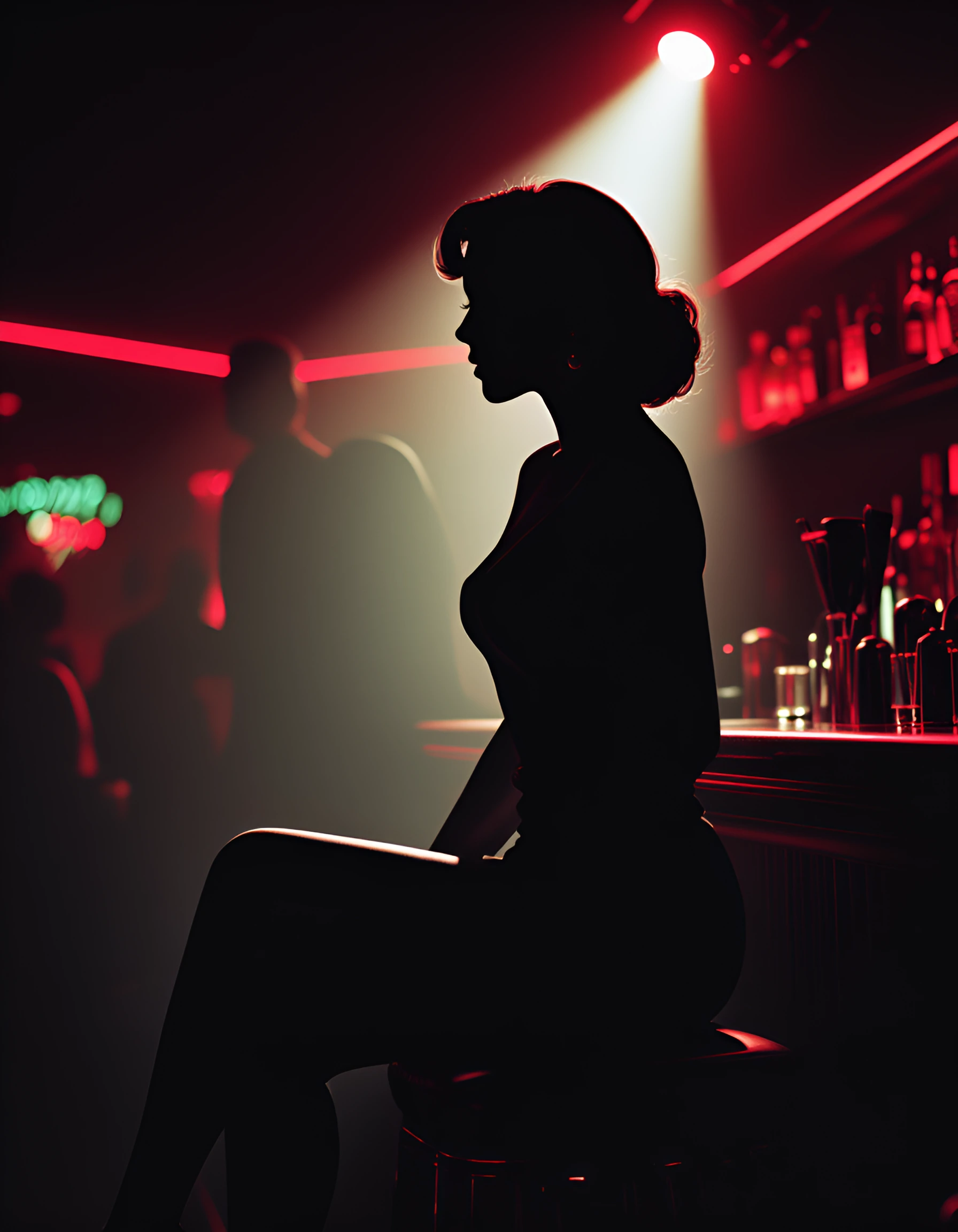 Portray a femme fatale sitting in a dimly lit bar as a still from a Neo-Noir film. Emphasize moody atmospheres with grainy textures and soft lighting.