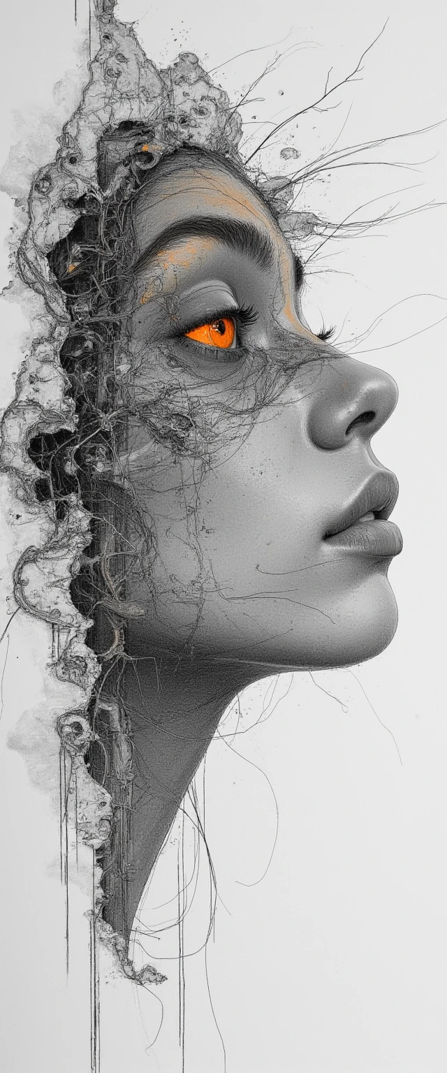 Awe-inspiring, hyper-realistic incomplete pencil sketch of a beautiful woman, striking side profile portrait. The artwork is a masterpiece of partial completion: her face emerges organically from raw, textured art paper with intricate, macro-detailed