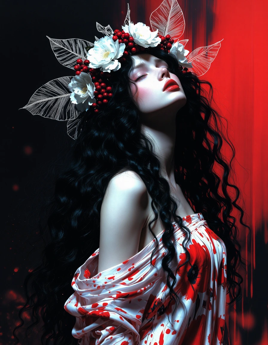 Stunning digital painting of a beautiful woman with pale porcelain skin and subtle rosy blush, eyes gently closed, head tilted back in a serene pose. She has long, voluminous, flowing jet-black curly hair cascading over her shoulders and back. An ela