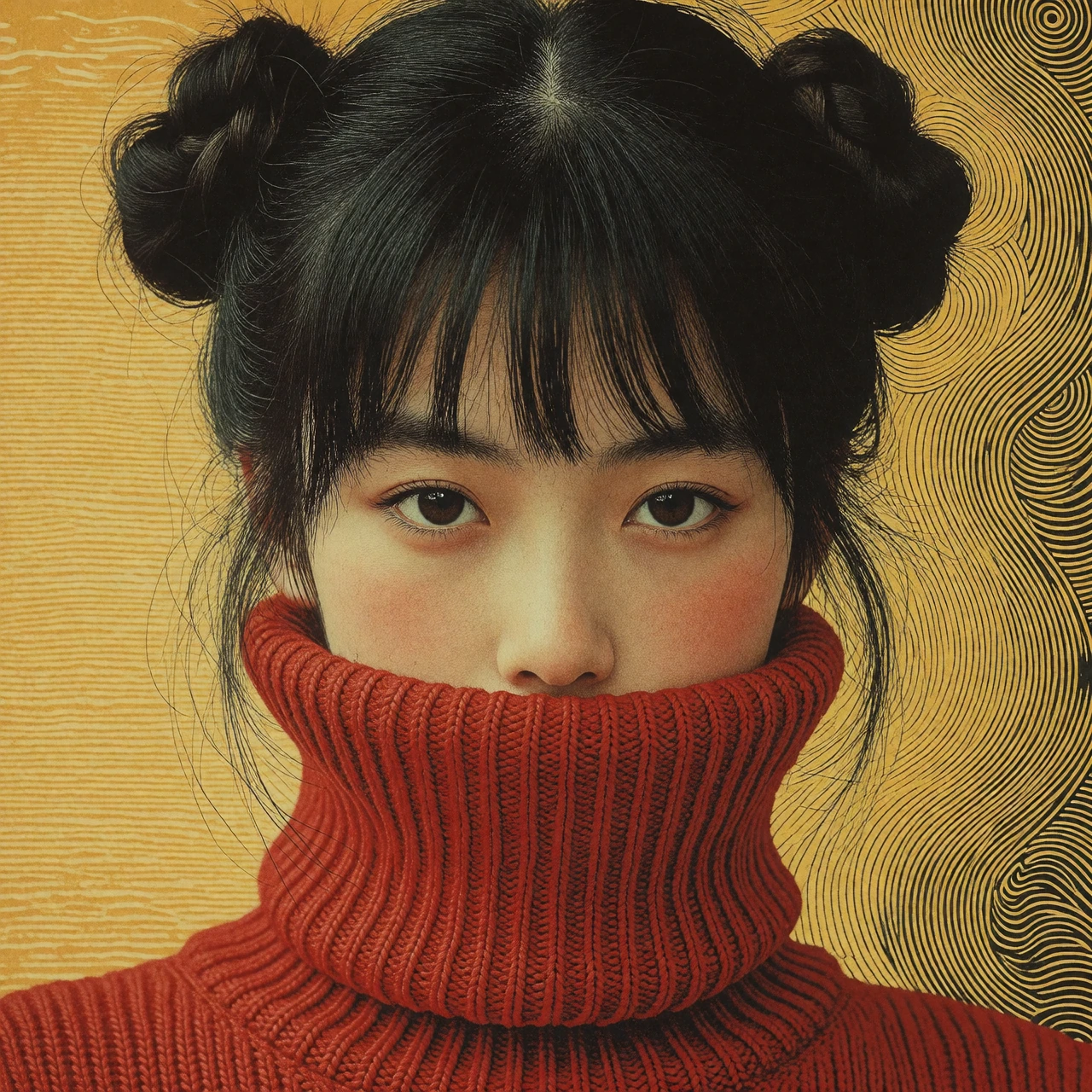 A young woman with East Asian features appears in a woodblock-style print with a vintage, textured look. She has dark, straight hair styled in two small buns with bangs. Only her piercing, intense eyes are visible, as a high-collared, ribbed red turt