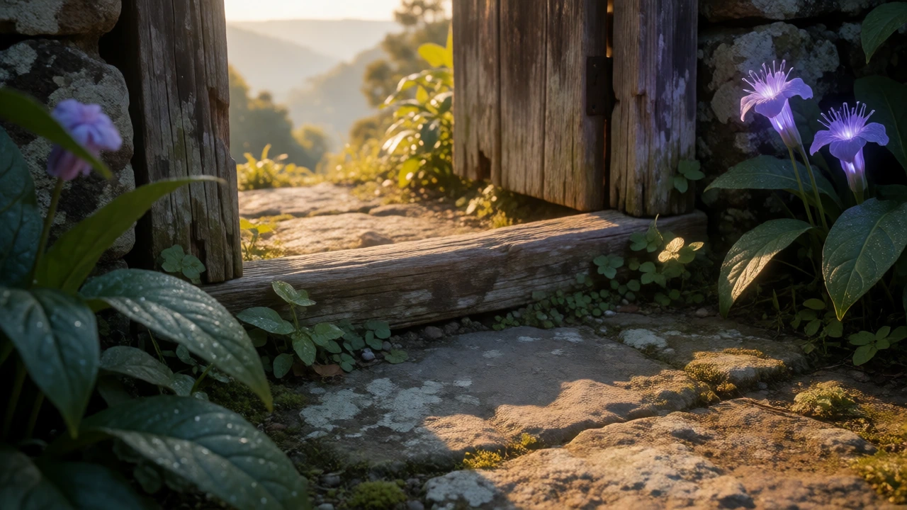 Sony A7R V with Zeiss Otus 55mm f/1.4, shot at f/4 for dimensional depth, mounted on stabilized crane for vertiginous perspective, volumetric lighting with practical LED panels casting violet-blue nebula glow across weathered wooden portal frame, gol
