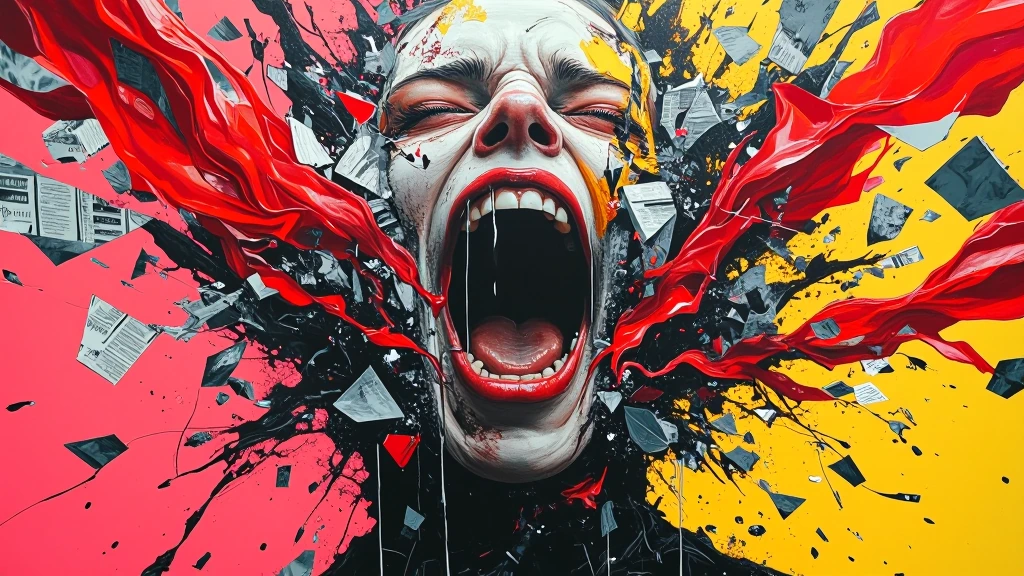Chaotic abstract portrait of emotional destruction — a screaming faceless figure constructed from jagged crimson and black lightning cracks, torn red 