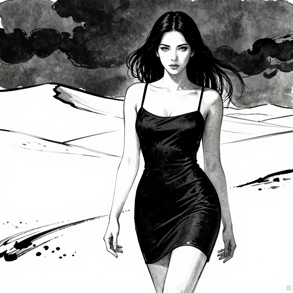 Sleek, toned physique woman, elegant curves, Regally beautiful face, striking grey eyes, lustrous raven black hair cascading past her shoulders, smoot