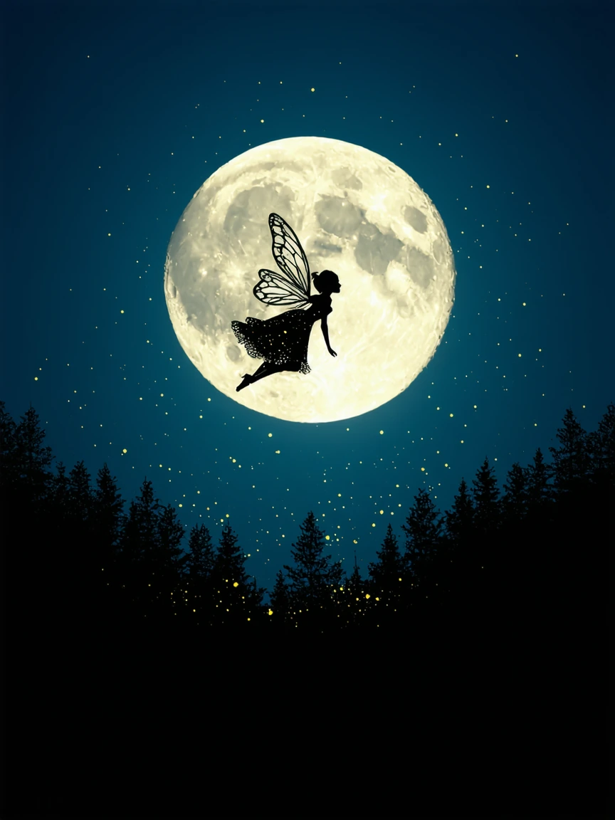 Silhouette of a winged fairy hovering before a bright full moon, surrounded by a dense forest. Large, intricate wings shimmer with soft light, and tin