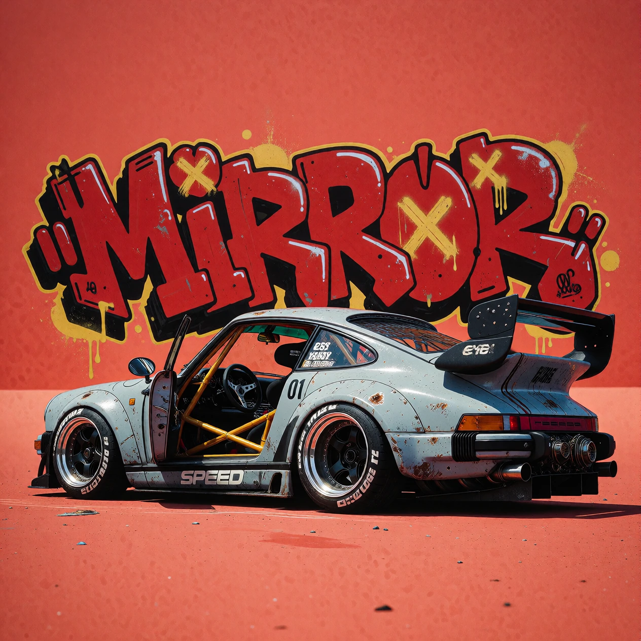 side profile illustration of a heavily modified cartoon-stylized classic Porsche 911 sports car in light blue-gray with visible battle damage scratches and weathered paint, extremely wide fender flares and deep-dish black multi-spoke wheels with silv