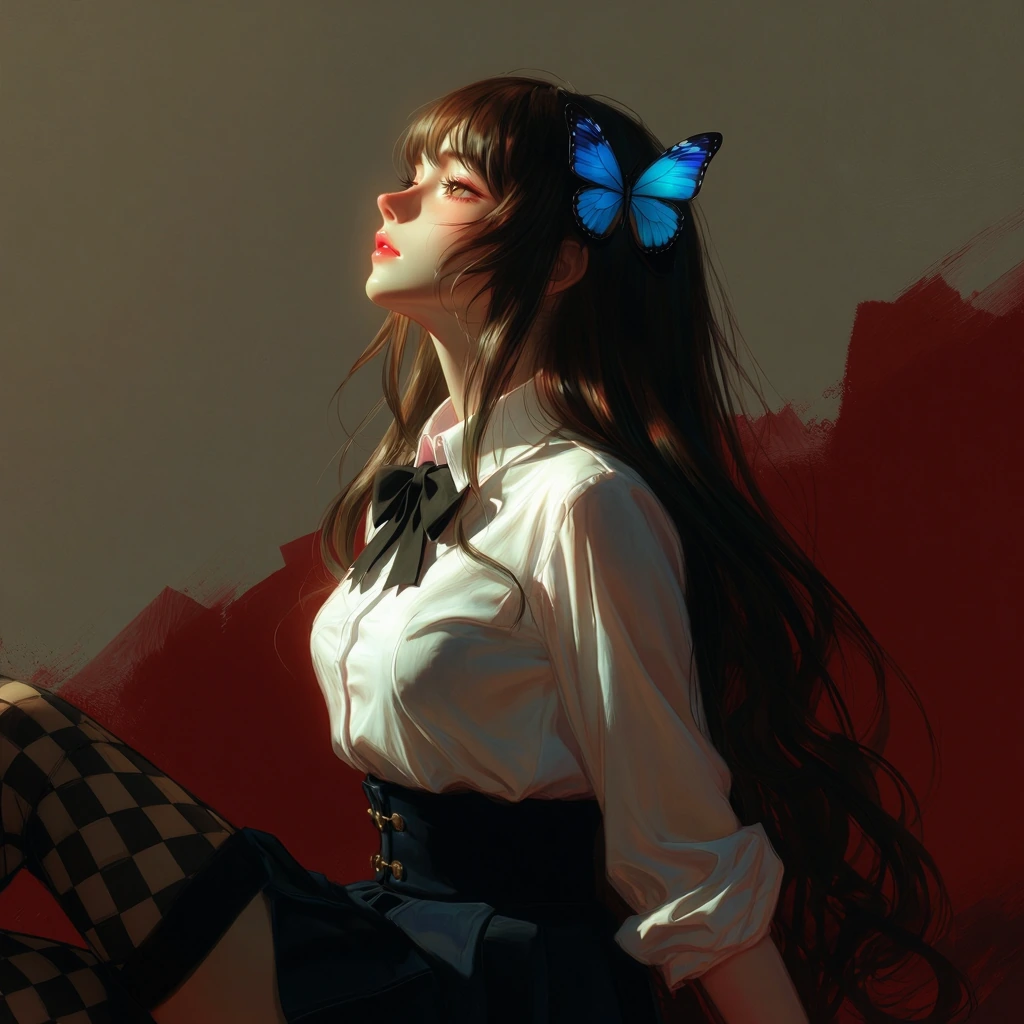 DecayDaal, A young woman with long brown hair styled in loose waves, side profile facing left, gazing upward with a dreamy expression, her hair adorned with a vibrant blue iridescent butterfly hair clip; she wears a crisp white blouse with a black ri