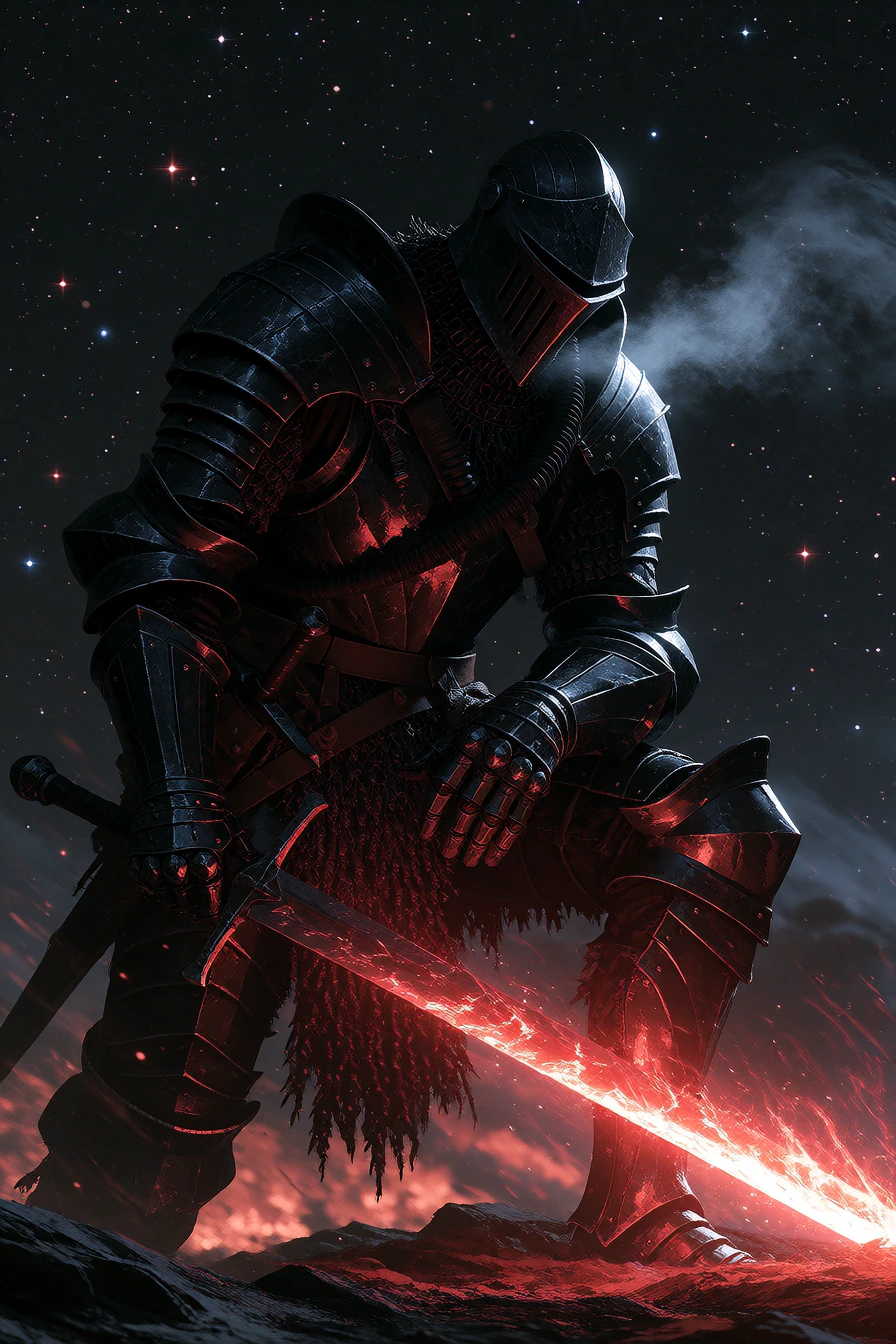 A towering armoured figure in obsidian plate armour stands in a vast starfield, breathing apparatus glowing faintly at the helm's mouth with visible vapor trails, one gauntleted hand gripping a sword that blazes pure red—the blade casting crimson lig