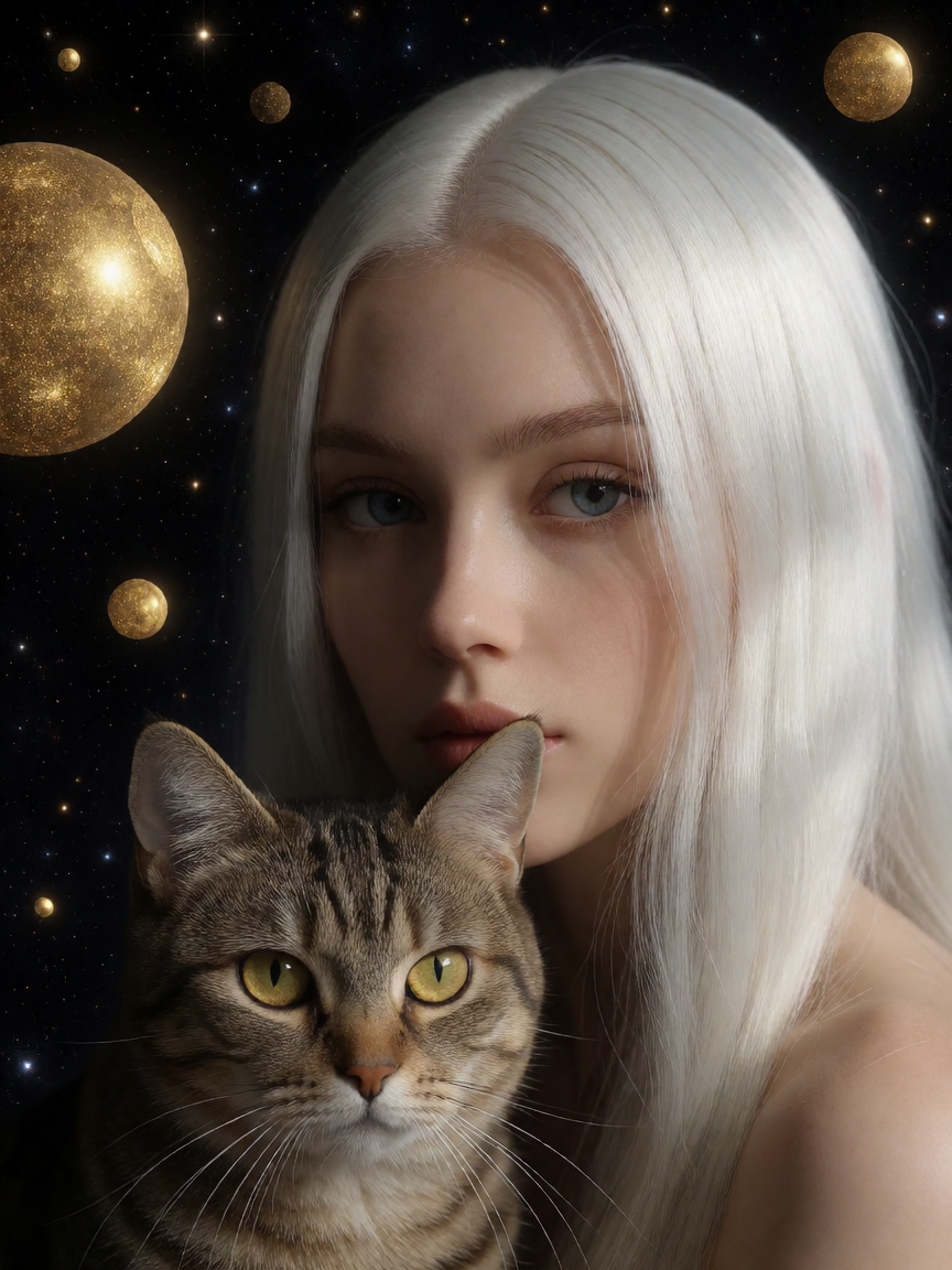 ultra realistic, high detail, planets of gold and black, beautiful deeply colored universe. Close-up of a woman with her cat. Straight silky, white hair.