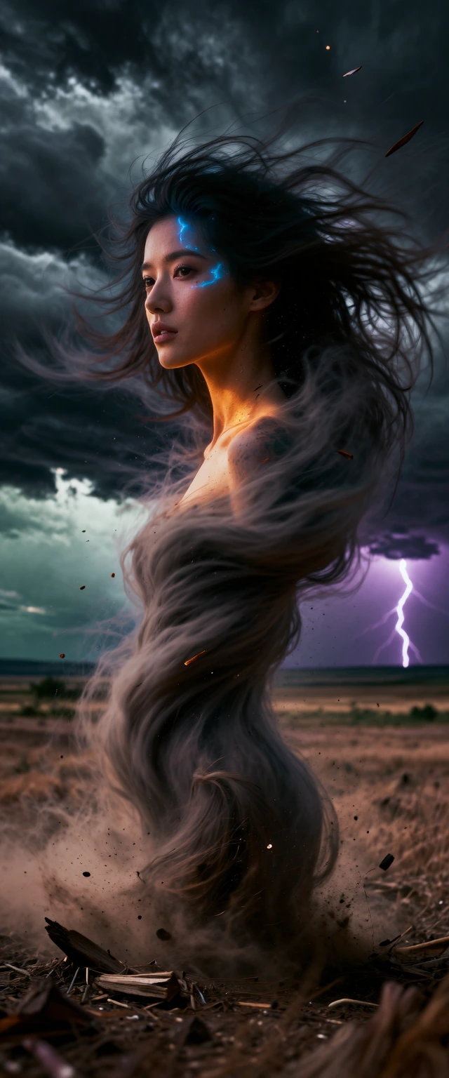 A surreal portrait of a woman whose entire body transforms seamlessly into a roaring tornado, her human face and shoulders gradually dissolving downwa
